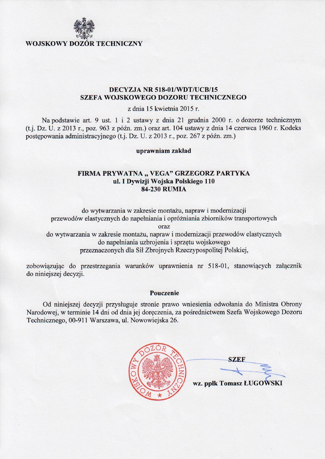 Certyfikat Wojskowego Dozoru Technicznego