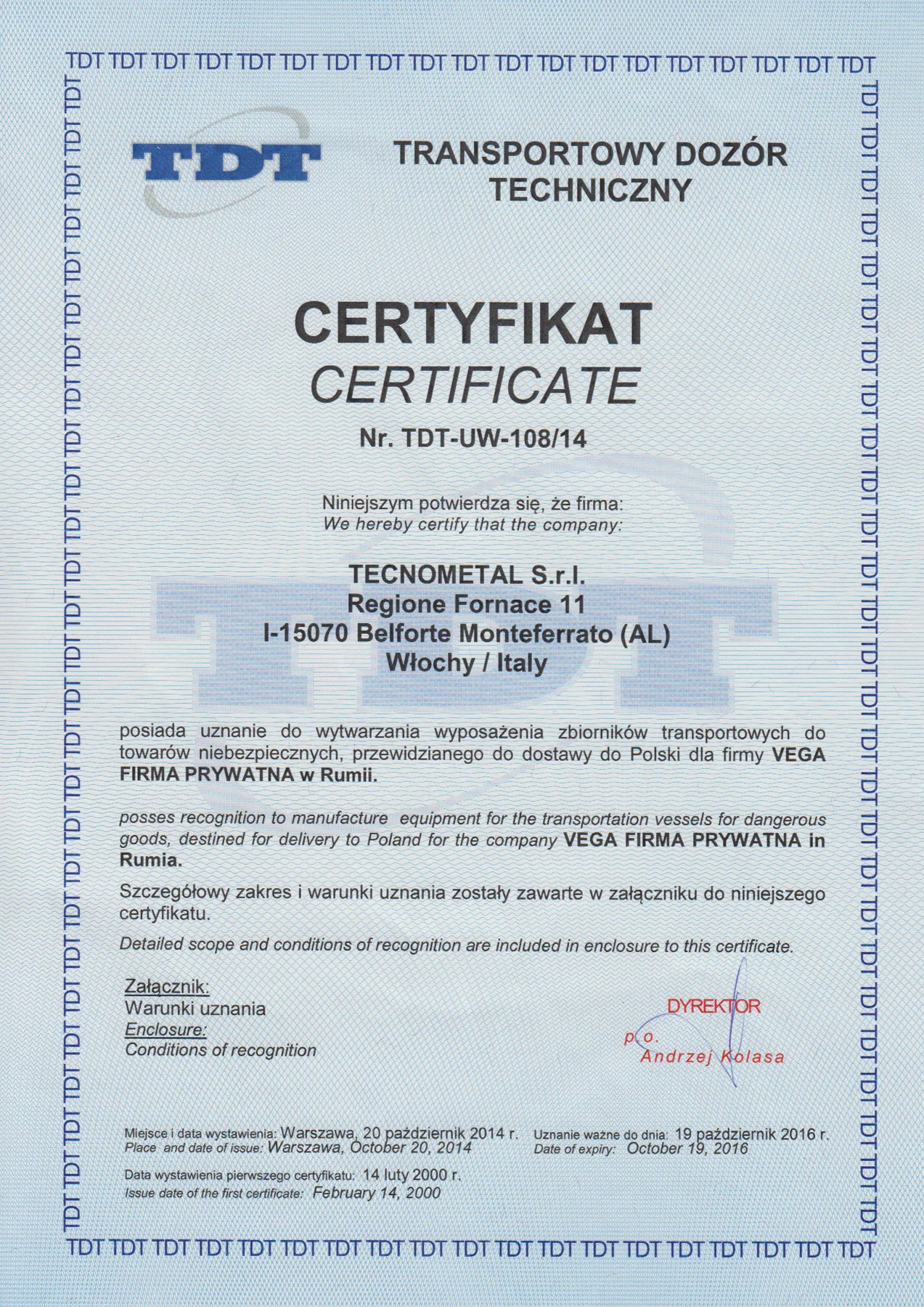 Certyfikat Transportowego Dozoru Technicznego